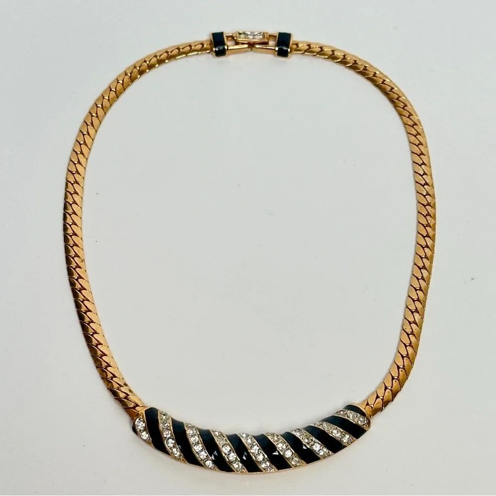 Vintage Daniel Swarovski DS Co. Black Enamel Gold Tone Necklace